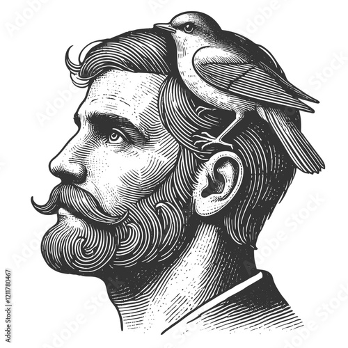 bearded man wearing a headband with a bird perched on his head, symbolizing nature and harmony sketch engraving generative ai vector illustration. Scratch board imitation. Black and white image.