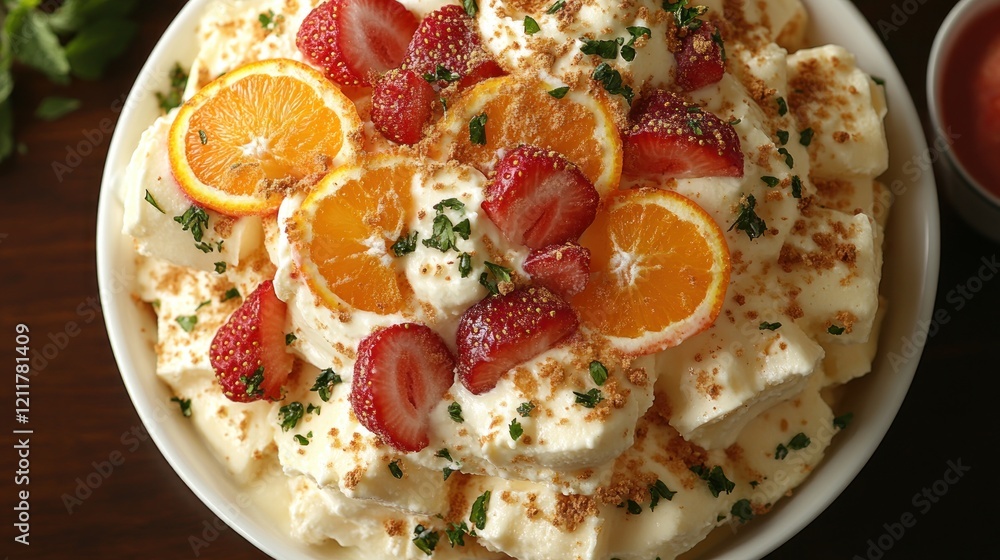 Citrus Strawberry Dessert, Creamy Bowl, Tabletop, Garnish, Recipe Citrus Strawberry Dessert, Creamy Bowl, Tabletop, Garnish, Recipe
