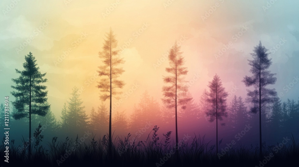 A serene forest scene featuring silhouetted trees against a dreamy, colorful misty background, evoking a sense of calm and tranquility. A serene forest scene featuring silhouetted trees against a dreamy, colorful misty background, evoking a sense of calm and tranquility.
