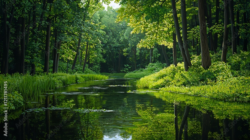 Fototapeta premium Serene Forest Scene with Lush Greenery and Calm Reflective Water