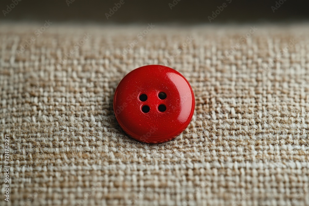 Red button rests on beige fabric. Red button rests on beige fabric.