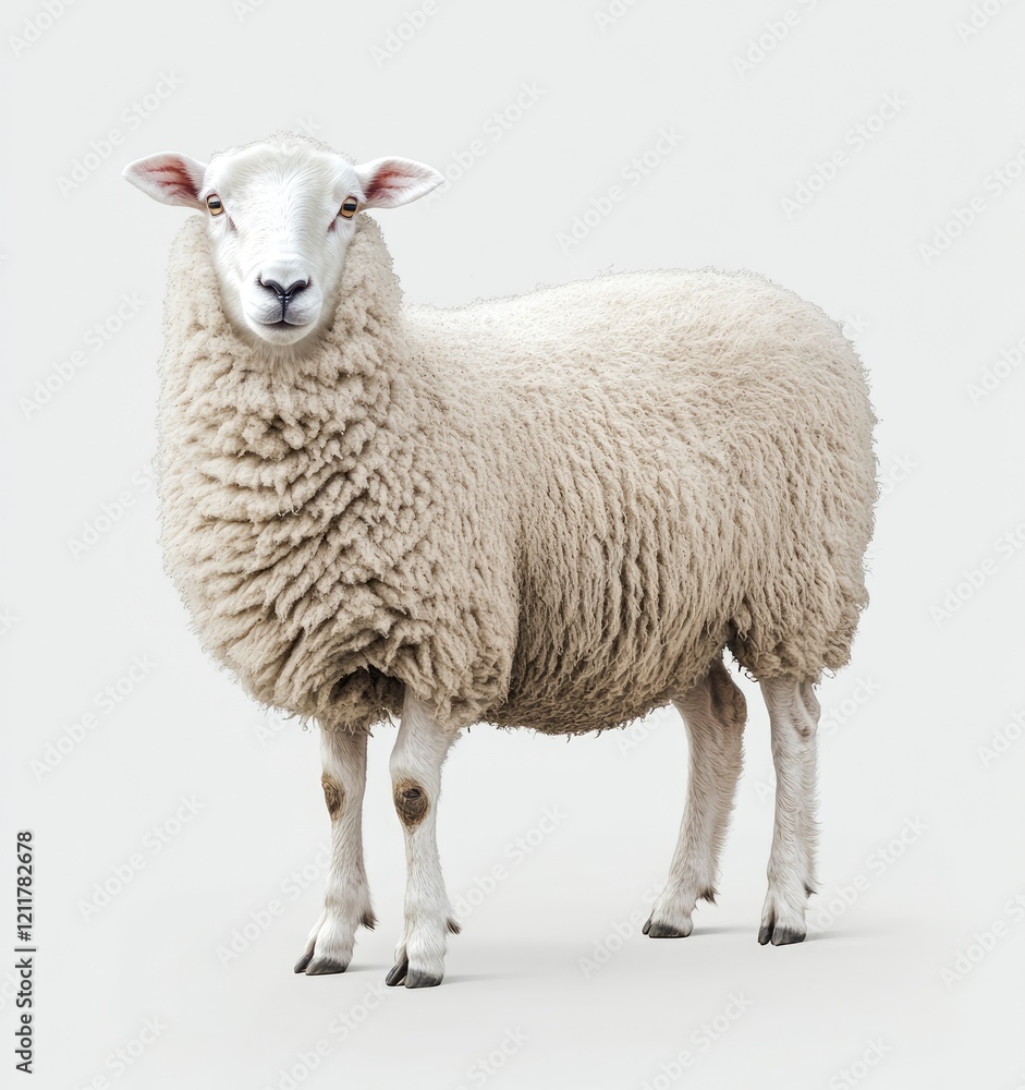 A full-body photograph of an isolated sheep on a light grey background, ultra-realistic photography with copy-space. A full-body photograph of an isolated sheep on a light grey background, ultra-realistic photography with copy-space.