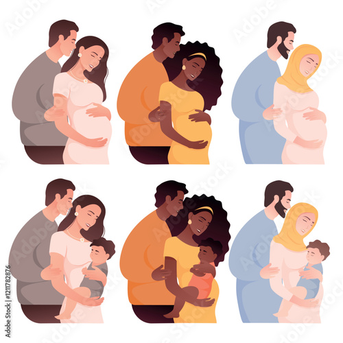 Vector image of pregnant woman. African woman, Arab woman. Concept of motherhood and family with child. Element for design