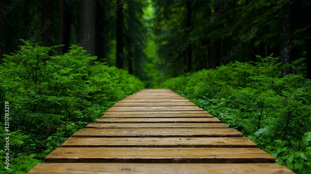 Tranquil Wooden Path Through Lush Green Forest Scenery Tranquil Wooden Path Through Lush Green Forest Scenery