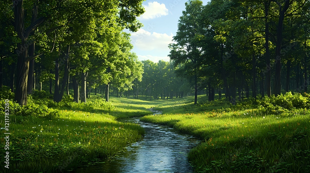 Lush Green Forest Landscape with Stream on a Bright Sunny Day Lush Green Forest Landscape with Stream on a Bright Sunny Day