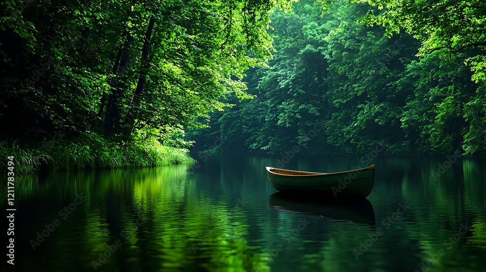 Tranquil Green Forest Reflection with a Single Boat on Calm Water Tranquil Green Forest Reflection with a Single Boat on Calm Water