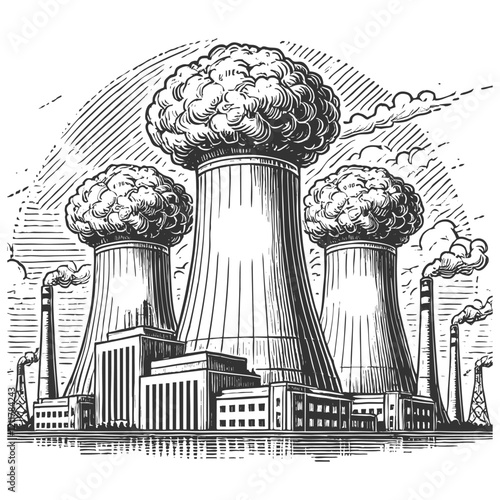 nuclear power plant with cooling towers, chimneys, a train, and industrial structures emitting smoke sketch engraving generative ai vector illustration. Scratch board imitation. Black and white image.