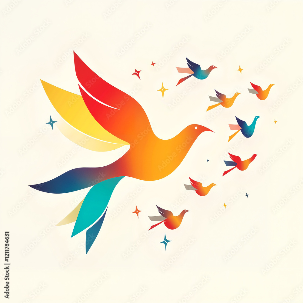 Obraz premium Majestic bird in flight with glowing bird silhouettes and sunrise sky