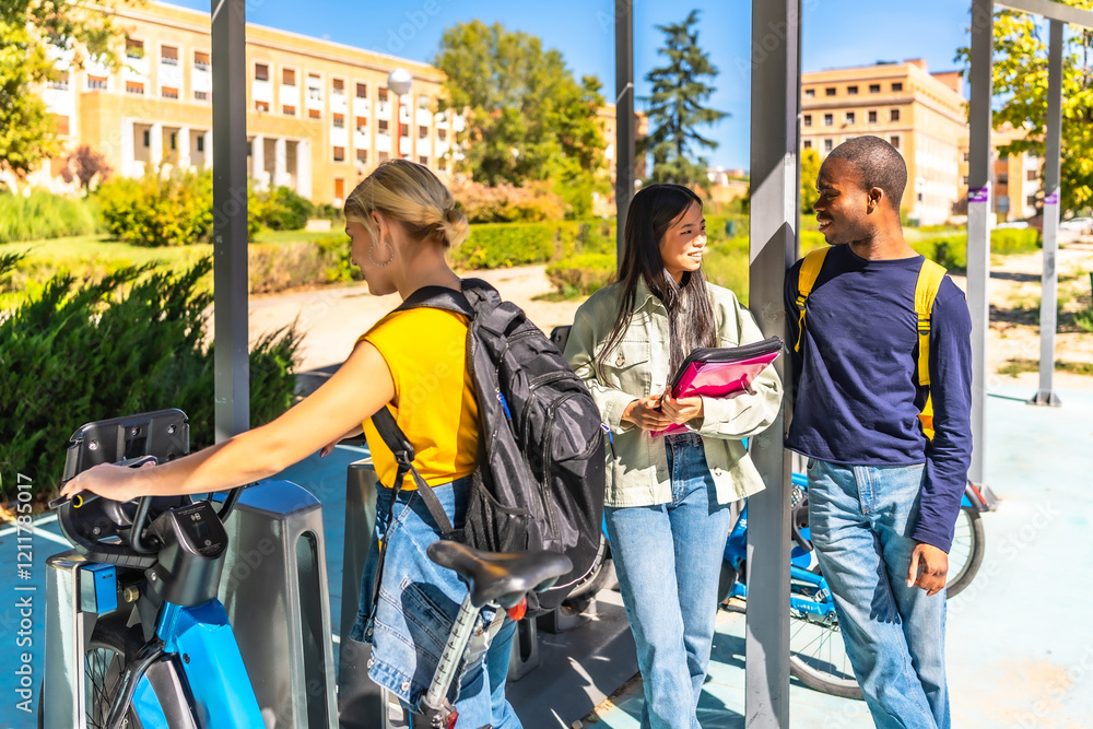 Fototapeta premium Student choosing bike in a public bicycle service area