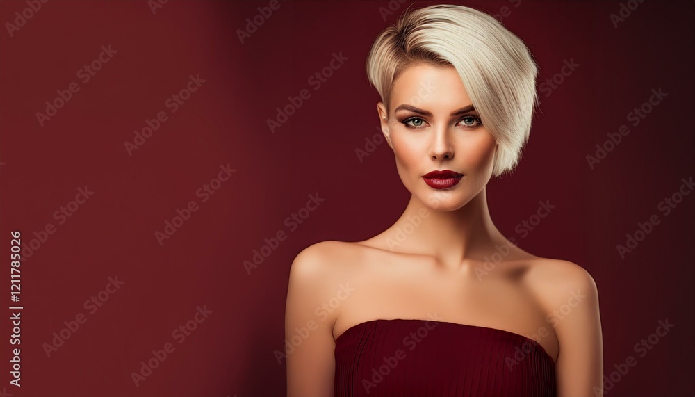 studio portrait of a blonde woman with short hair and nude shoulders wearing a low cut dark red bordeaux mini dress on a red background, space for text on the left, fashion photography	