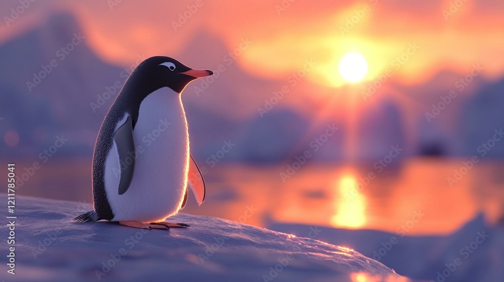 Fototapeta premium Penguin on icy surface at sunset, warm orange glow, snow-covered mountains, serene and striking scene