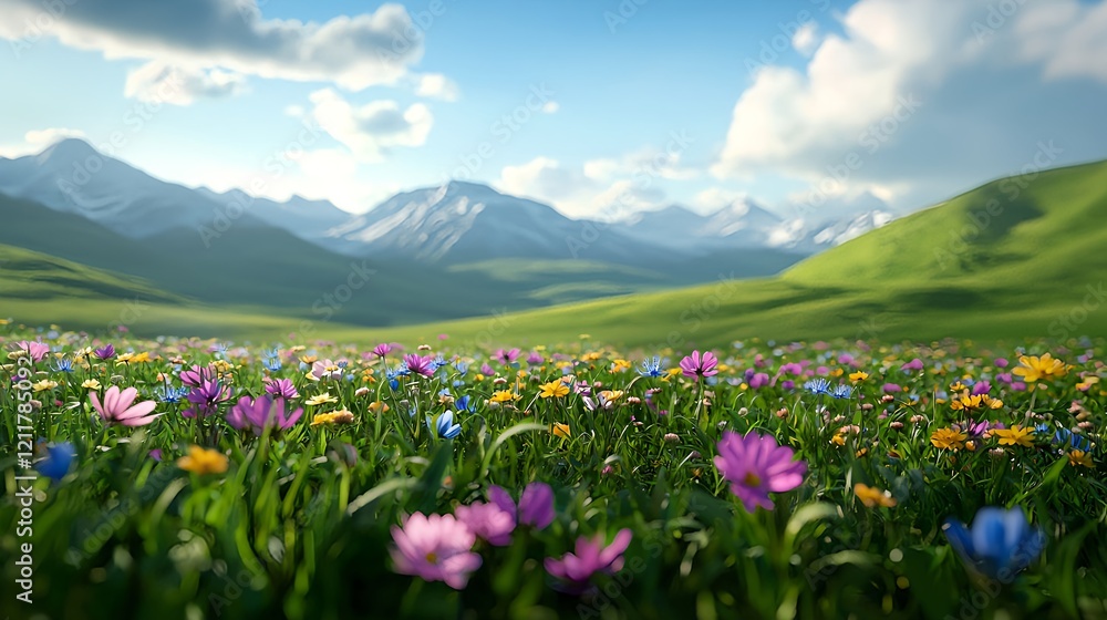 Colorful Wildflower Field Under Bright Sky in Serene Mountain Landscape Colorful Wildflower Field Under Bright Sky in Serene Mountain Landscape