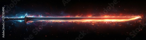 Fiery dual-element energy sword radiates intense orange-red flames and cold blue energy sparks in darkness