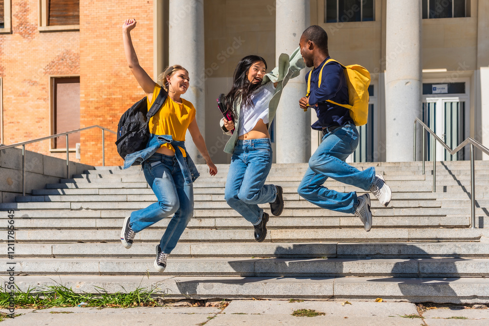 University students jumping celebrating at the campus University students jumping celebrating at the campus