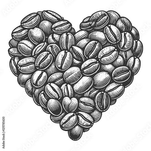 coffee beans arranged in a heart shape, symbolizing love for coffee and artisanal brewing sketch engraving generative ai vector illustration. Scratch board imitation. Black and white image.