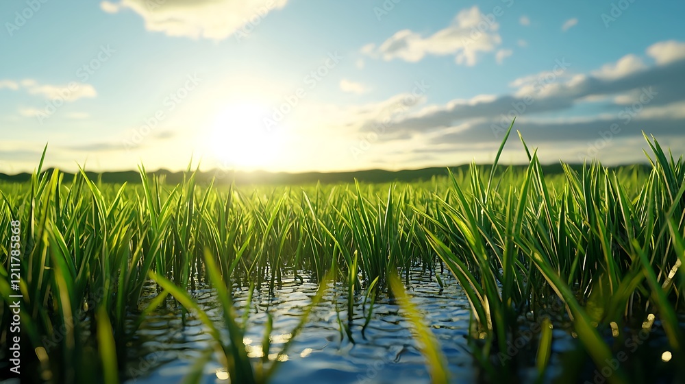 Obraz premium Lush Green Grass at Sunset Reflecting on Calm Water Surface