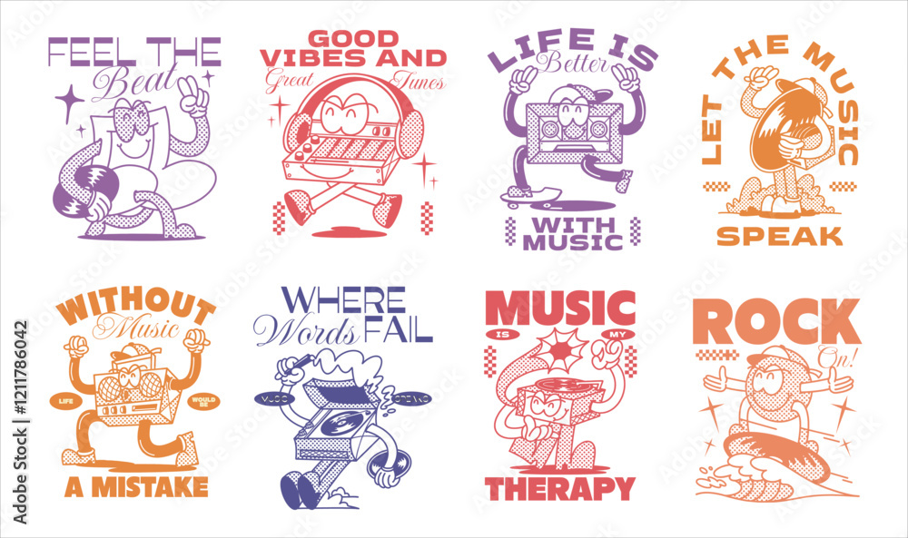 Naklejka premium Vintage music t-shirt design set for print. Retro rubberhose graphic poster. Musician t shirt design, Vintage vector graphic bundle, music quotes design. 