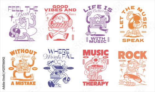 Vintage music t-shirt design set for print. Retro rubberhose graphic poster. Musician t shirt design, Vintage vector graphic bundle, music quotes design. 