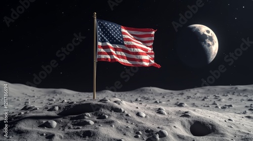 American flag on the moon with Earth in the background. Symbol of space exploration and historic lunar achievements