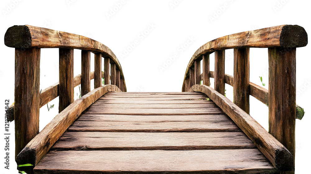 Fototapeta premium rustic wooden bridge pathway surrounded by nature, inviting exploration and tranquility. weathered wood and gentle curves create serene atmosphere