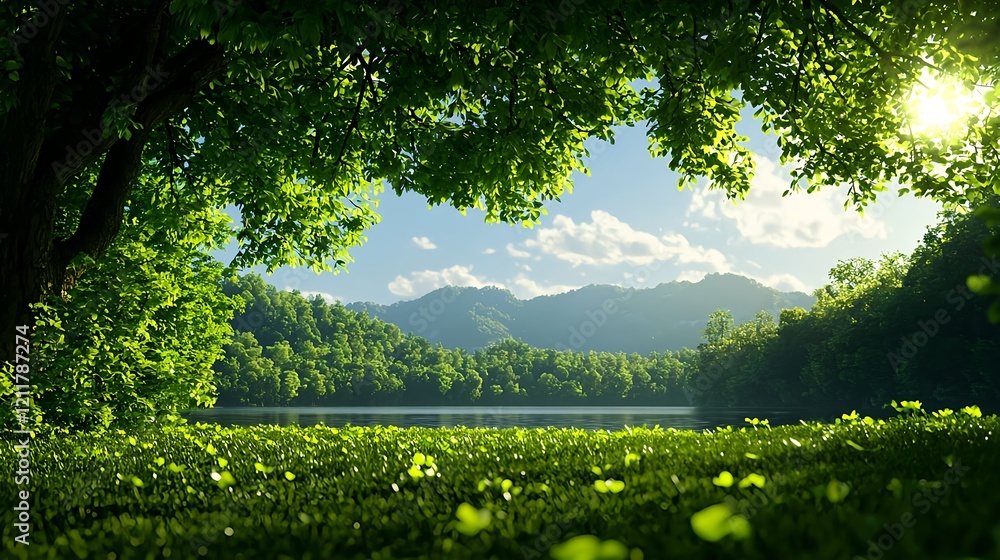 Fototapeta premium Tranquil Lake Surrounded by Lush Greenery and Majestic Mountains