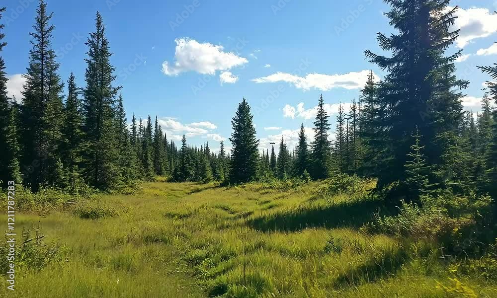 Lush green meadow surrounded by tall pine trees under a bright blue sky filled with fluffy white clouds in a tranquil natural landscape Lush green meadow surrounded by tall pine trees under a bright blue sky filled with fluffy white clouds in a tranquil natural landscape