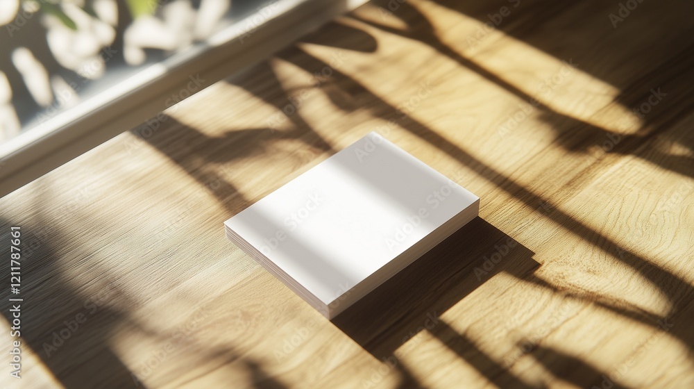 Blank stack of cards mockup on wooden desk in soft sunlight Blank stack of cards mockup on wooden desk in soft sunlight