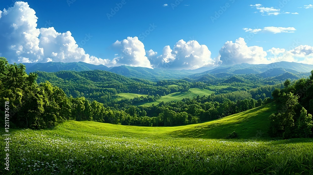 Fototapeta premium Serene Lush Green Landscape under Blue Sky with Fluffy Clouds
