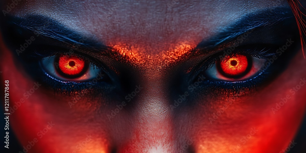 Naklejka premium Close-up of a woman glowing demonic eyes with face partially painted in red and black. Demonic sinister character. Concept of Halloween, makeup, supernatural character. Flyer,