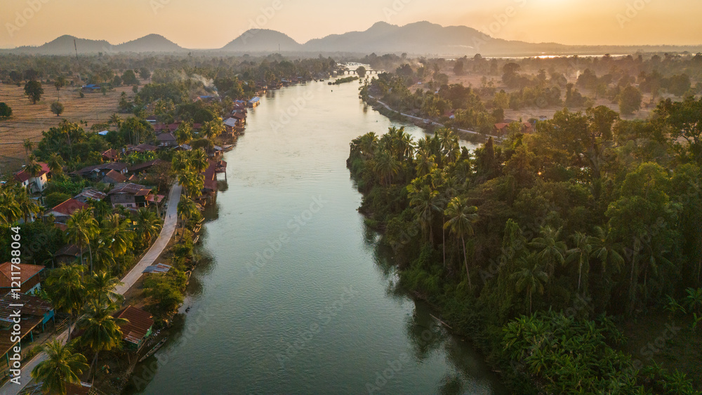 Aerial of Laos don det island at sunset view 4000 islands on Mekong river drone above 4 thousand island travel destination Aerial of Laos don det island at sunset view 4000 islands on Mekong river drone above 4 thousand island travel destination
