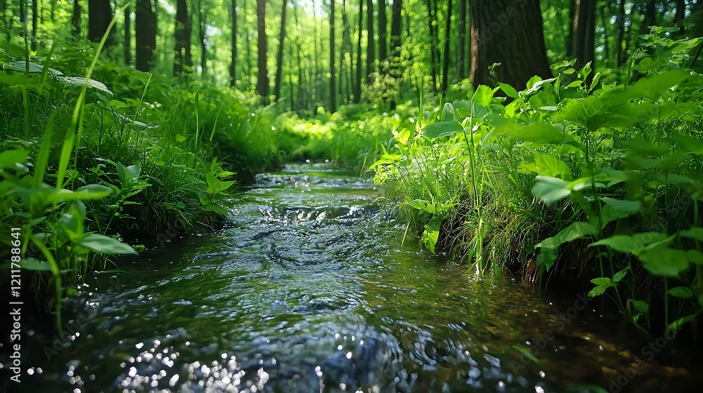 Obraz premium Tranquil Stream Flowing Through Lush Green Forested Landscape