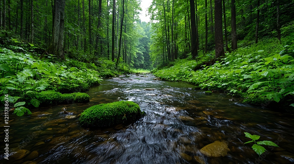 Serene Forest Stream Surrounded by Lush Greenery and Moss Serene Forest Stream Surrounded by Lush Greenery and Moss