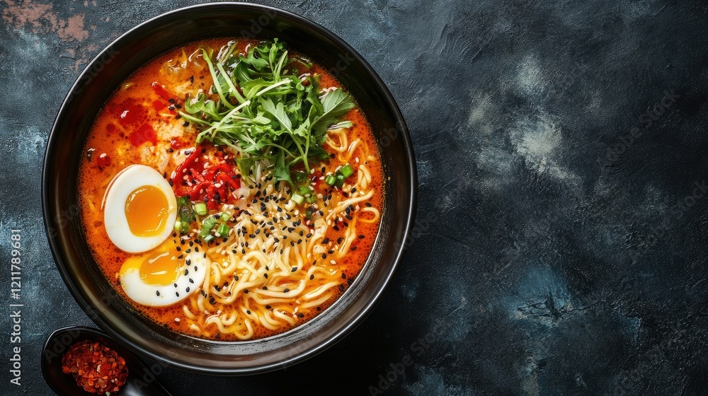 Japanese soup ramen in bowl on dark background Japanese soup ramen in bowl on dark background