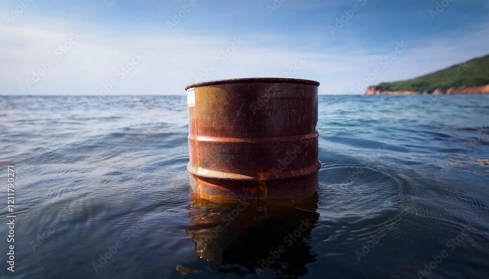 Old corroded barrel drifting on the surface of the ocean. Industrial waste and ecosystem. Old corroded barrel drifting on the surface of the ocean. Industrial waste and ecosystem.