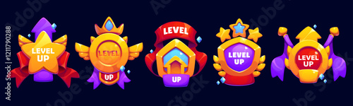 Level up game reward, user rate icons. Cartoon vector badges signify progression and achievement, victory and success in gaming. Gui pop up elements for mobile games, apps, or gamification projects
