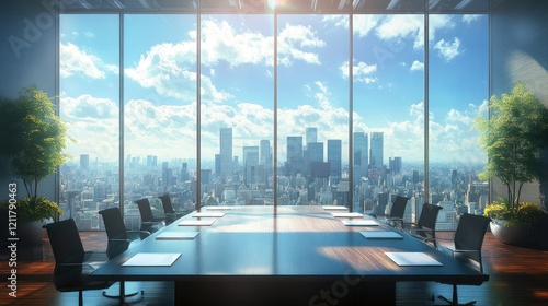 Modern boardroom with a large window view of a cityscape