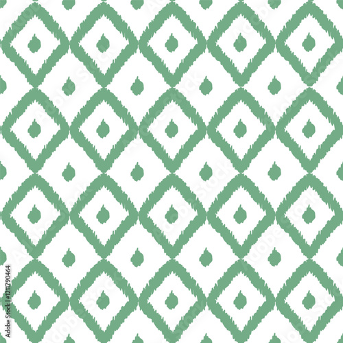 Ikat rhombus geometric seamless pattern for grandmillennial style in soft green color. Cute vector aztec ethnic textile design, tribal background, folk embroidery, wallpaper, wrapping, fabric, print.