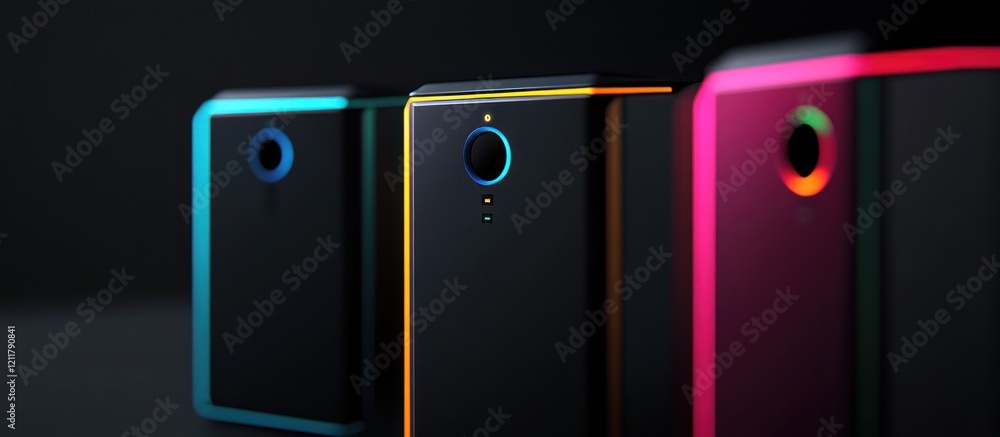 Three sleek, colorful devices with a central camera lens. Three sleek, colorful devices with a central camera lens.