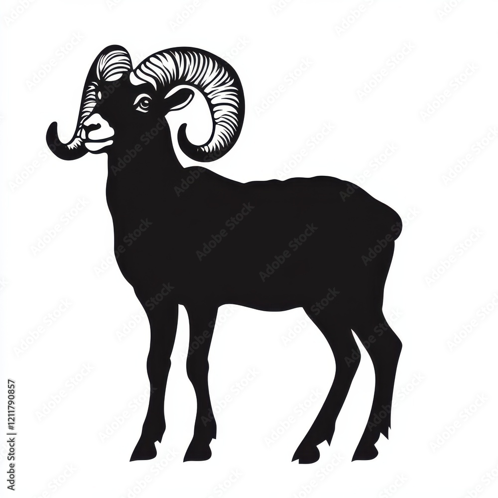Majestic ram silhouette, stark black against white. Majestic ram silhouette, stark black against white.
