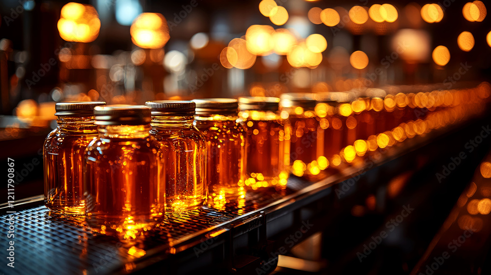 Honey Production: Golden Jars on Conveyor Belt in Factory Honey Production: Golden Jars on Conveyor Belt in Factory