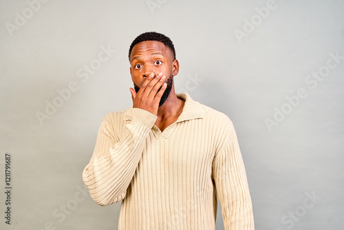 Photography Shocked young man covering mouth with hand in studio