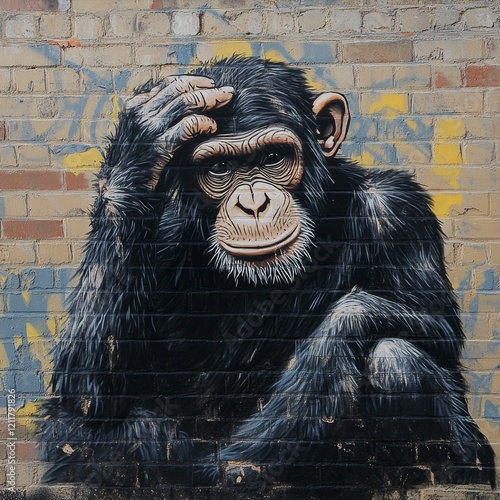 Chimpanzee Resting Head on Hand Looking Slightly Confused Mural on Brick Wall Outdoors