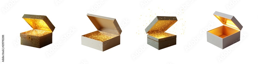 Set of open gift box with a golden glow shining inside isolated on transparent background Set of open gift box with a golden glow shining inside isolated on transparent background