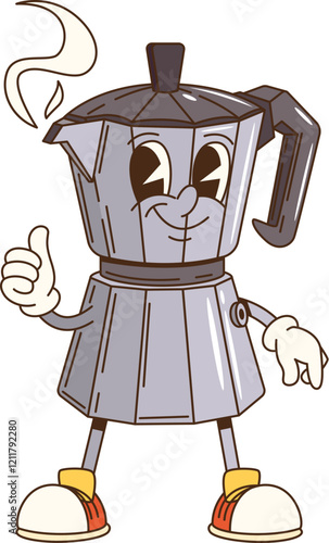Cartoon groovy moka pot cheerful character. Coffee beverage or drink vintage brewer or maker isolated groovy vector mascot. Moka pot kettle funny personage or happy smiling character shoving thumb up