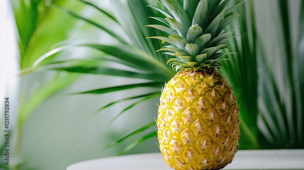 Cały dojrzały ananas z zielonymi liśćmi w jasnym pomieszczeniu otoczony roślinami. Cały dojrzały ananas z zielonymi liśćmi w jasnym pomieszczeniu otoczony roślinami.