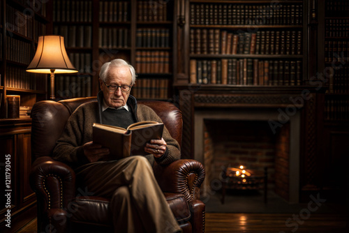 Elderly man reading a book in a cozy library, relaxation by the fireplace, traditional study room, vintage atmosphere, literature lover, intellectual lifestyle, home comfort, classic design inspiratio photo