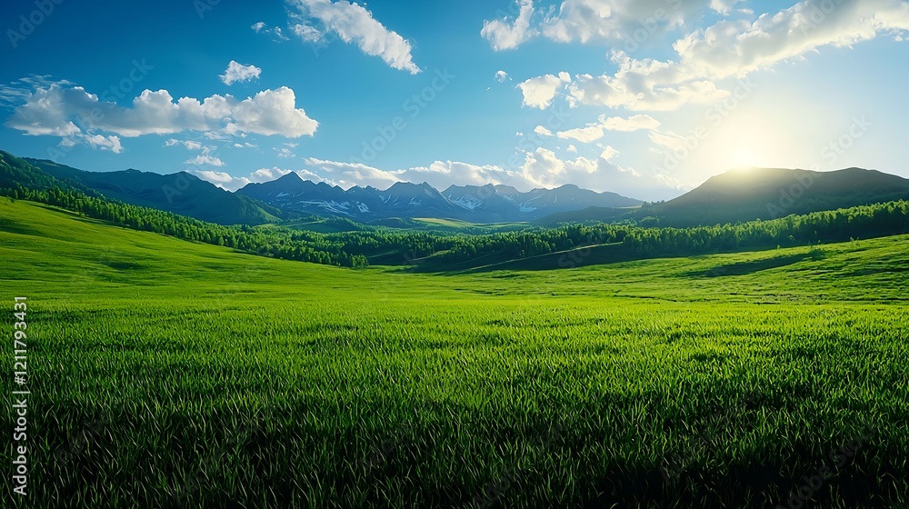 Obraz premium Lush Green Meadow Under Bright Blue Sky with Mountain Range Background