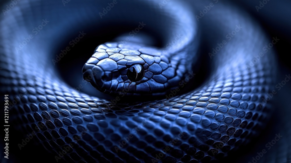 Fototapeta premium Coiled black snake, night, dark background, danger