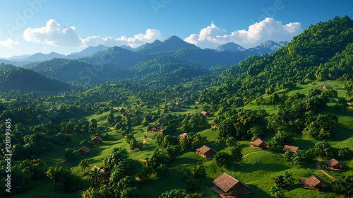 Scenic Mountain Landscape with Lush Greenery and Tranquil Dwellings