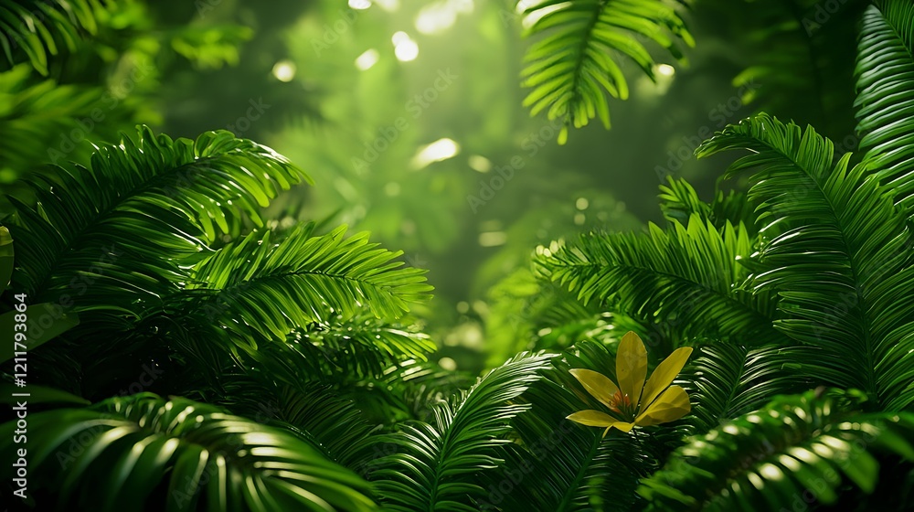 Fototapeta premium Lush Green Jungle Foliage with Vibrant Light and Plant Life